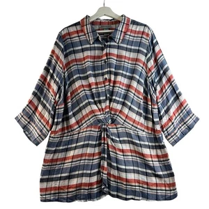 Catherines 1X 18W 20W Twist Front Tunic Top Plaid Half Sleeve Preppy Flattering - Picture 1 of 11