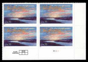 US Scott # 4121, Oklahoma Statehood 100th, Plate Block of 4 2007 39¢ Stamps, MNH - Picture 1 of 1
