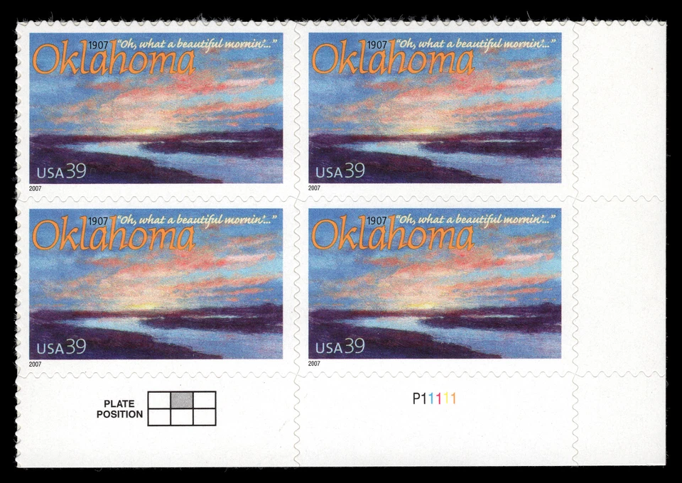 US Scott # 4121, Oklahoma Statehood 100th, Plate Block of 4 2007 39¢ Stamps, MNH - Image 1 of 1