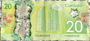 Canada $20 Dollar Banknote Near Solid 6 Of A Kind Fancy Serial Number FIN3033333 - Picture 1 of 2
