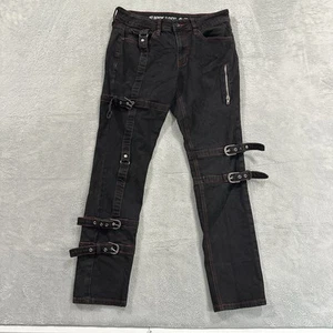 HT Hot Topic Denim Jeans Men 32 x 32 Black Red Stitch Skinny Belted Y2K Street - Picture 1 of 9