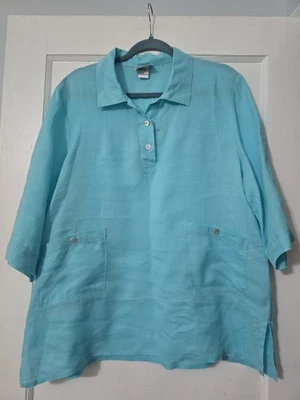 Wild Palms 女式 100% 亚麻上衣蓝绿色口袋,尺寸 L — 第 1/4 张图片