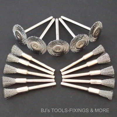 5 WHEEL & 10 STRAIGHT STEEL BRUSHES DREMEL ACCESSORIES ROTARY HOBBY TOOL