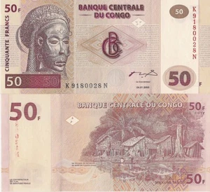 Congo P91A, 50 Francs, Tshokwe mask / village on Congo river UNC see UV image - Picture 1 of 2