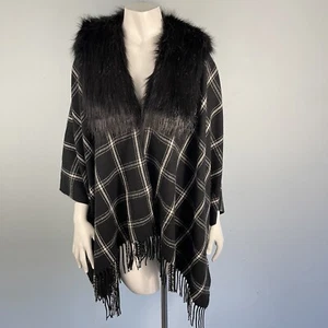 J. Crew Black White Plaid Fringe Poncho Cape Faux Fur Collar One Size - Picture 1 of 12