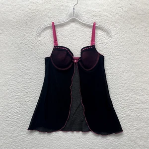 Y2K Vintage Hot Kiss Babydoll Slip Dress 34C Black Pink Net Mesh Front Clasp - Picture 1 of 10