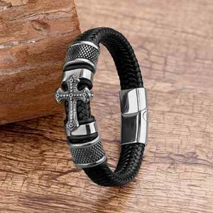 Men's Stainless Steel Cross Leather Braided Bracelet Magnetic Faithful Bangle - Picture 1 of 5