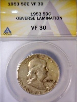 1953 ERROR ANACS VF30 LAMINATION Franklin Half Dollar SILVER Coin RARE TYPE  NR - Image 1 of 4