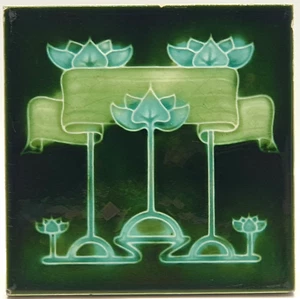 Art Nouveau Fireplace Tile Green Majolica Triple Floral by T & R Boote C1900 AE1 - Picture 1 of 3
