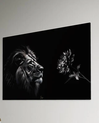 Löwe Leinwand Bild Dekoration Wandbild Rosen Abstrakt Kunst Tiere Blume Lion - Bild 1 von 4