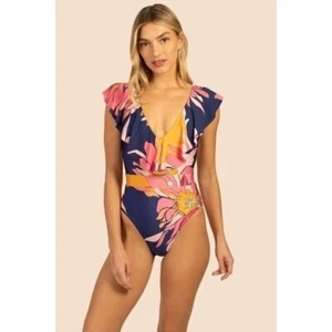 Trina Turk  One Piece Swimsuit sz 14 Breeze Ruffle V-Neck Plunge Tropical NEW - Picture 1 of 9