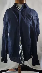 Report Collection Mens Medium Navy Linen Blend Long Sleeve Button Up Top - Picture 1 of 8