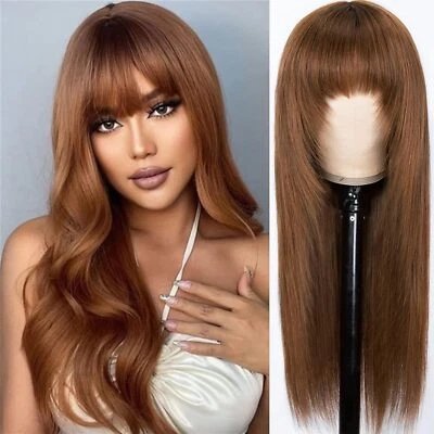 UNice Brown Yaki Straight Human Hair Wig with Bang Lace Part Wigs for Women Full - Image 1 of 4