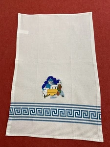 Embroidered Waffle Cotton Tea Towel w Greek Islands Scene Pattern Dish Art Gift - Picture 1 of 10