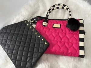 Betsey Johnson Large Pink Puffy Heart polka dot tote wristlet & accessory NWOT - Bild 1 von 15