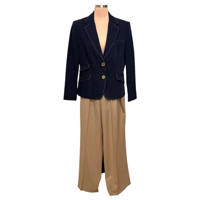 Talbots Petites Pants Suit Set 14 Blue Blazer Jacket Tan Slacks Classic Preppy - Image 1 of 4