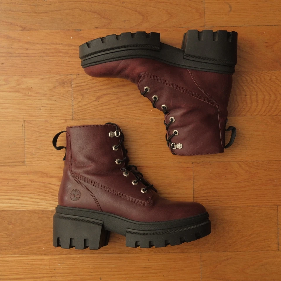 Timberland Women Burgundy Leather Lace Up Chunky Boots Size 8 Lug Sole Winter - Image 1 of 4