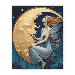 Jugendstil Fee Leinwand Wandbild - Fantasie Mondgöttin, Landhaus Kern Wanddeko - Bild 1 von 7