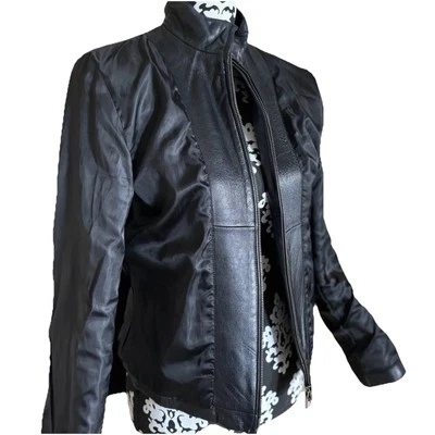 Chaqueta de Cuero Mixit Vintage Pequeña S Negra Abrigo con Cremallera Motocicleta Para Mujer Negra Foto 1 de 4