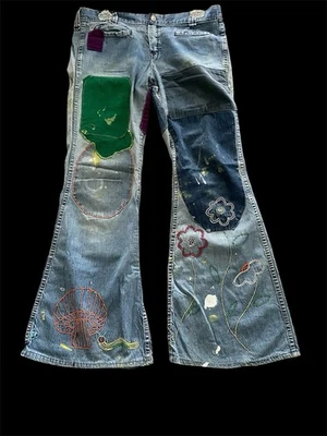 1962 Vintage Hip Hugger Bell Bottom Jeans Inseam 30” Patched Embroidered 32 Hip - Image 1 of 4
