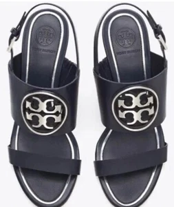 Tory Burch Metal Miller 65mm Wedge Leather Sandals Navy/Silver 56115 Sz 9 EUC! - Picture 1 of 10