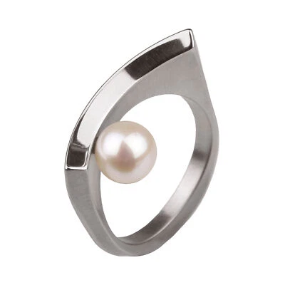 Ernstes Design Ring R125 Perlen 7mm Edelstahl matt poliert Weite48-62 Zuchtperle - Bild 1 von 3