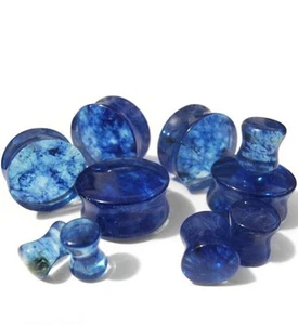 PAIR-Glass Murano Blue Saddle Flare Ear Plugs 03mm/8 Gauge  - Picture 1 of 4