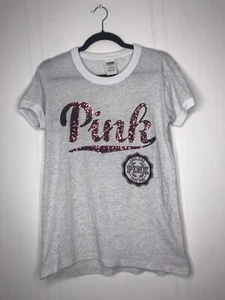 Victoria Secret Pink Small Sequins Shirt Womens Tshirt Crew Burgundy Grey - Picture 1 of 5