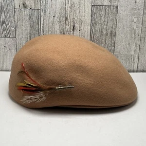 Vintage Women's Hat Geo W. Bollman & Co Doeskin Felt 100% Wool Tan With Feather - Picture 1 of 18