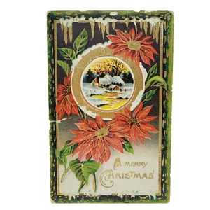 Frohe Weihnachten Weihnachtsstern Landhaus Schnee vergoldet glasiert 1910er Postkarte gebraucht - Bild 1 von 3