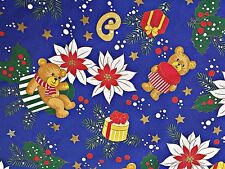 VINTAGE CHRISTMAS GIFT TEDDY BEAR BLUE RED COTTON BLEND 62" ROUND TABLECLOTH