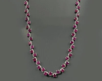 Faceted Pink Ruby Round Gemstone Solid 925 Silver Tennis Necklace Birthday Gifts - Image 1 of 4