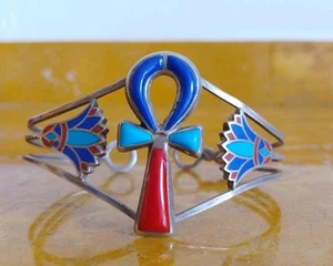 Antique Egyptian Revival Silver Ankh & Lotus Flower Bracelet - Picture 1 of 16