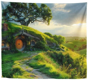 Rustic Hobbit House Greenery Forest Wall Tapestry Hanging, Storybook Cottagec... - Picture 1 of 6