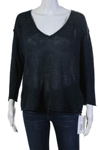 Enza Costa Womens Long Sleeve V Neck Loose Knit Tee Shirt Navy Linen Size Small - Picture 1 of 6