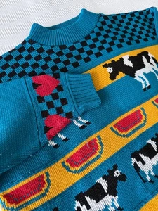 Private Eyes Strickpullover Kühe Wassermelone Karo Herzen Bauernhoftiere L - Bild 1 von 7