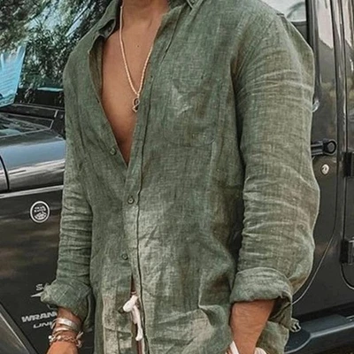 Men's Casual Cotton Linen Shirt Long Sleeve Loose Blouse Button Breathable Top - image 1 of 4