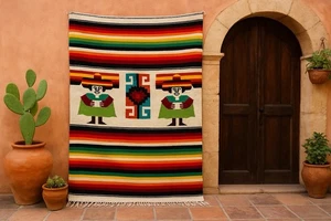 VTG Hand Woven Mexican Folk Art Large Blanket Throw Textile Tapestry 74x47 in - Picture 1 of 14