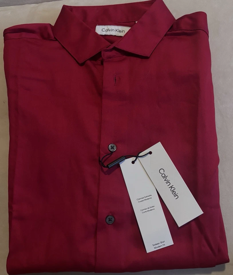 Camisa Calvin Klein Calce Moderno Rojo Oscuro Satén Manga Larga Jóvenes Niños 16 Foto 1 de 3