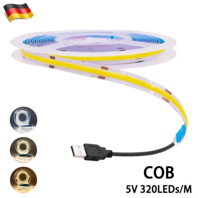 5V USB COB LED Streifen WW/NW/CW 8MM Stripe Lichtband Lichterkette Selbstklebend - Bild 1 von 4