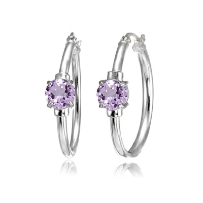 Solitaire Amethyst 25mm Hoop Earrings in Sterling Silver - Image 1 of 3