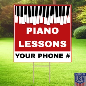 PIANO LESSONS - 10 Pk Customizable Text - Yard Signs w/Free Stake -12"x12"- USA - Picture 1 of 11