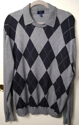 LINCS  DC CO XXL MENS COLLARED SWEATER ARGYLE DIAMOND GRAY NAVY ELBOW PATCHES - Image 1 of 4