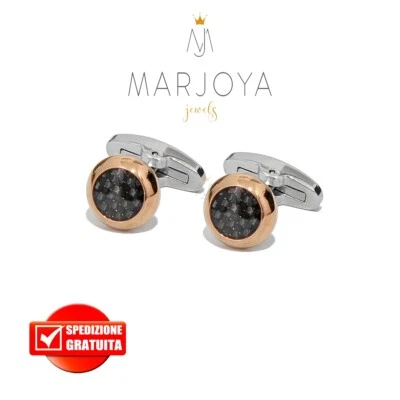 Gemelli tondi Cuba con disco carbonio in acciaio bianco e rosè 316 L - Immagine 1 di 4