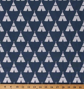 Teepees on Blue Cotton/Blend Poplin w/ Sateen-Like Finish Fabric by Yard D254.25 - Picture 1 of 1