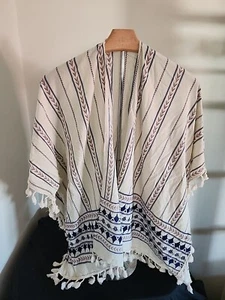 Modena Womens Lightweight Aztec Kimono With Tassels Off White Blue One Size - Picture 1 of 6
