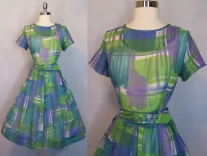Original True Vintage 1950s Cotton Summer Lynbrook Dress Size M Purple Green - Picture 1 of 8