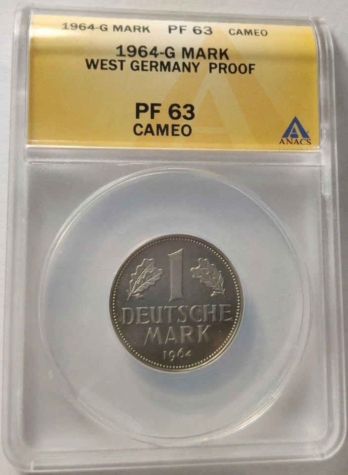 Germany One Mark 1M 1964 G PF63 Cameo by ANACS 368 Minted Proof Coin Rare 3A - Image 1 of 4