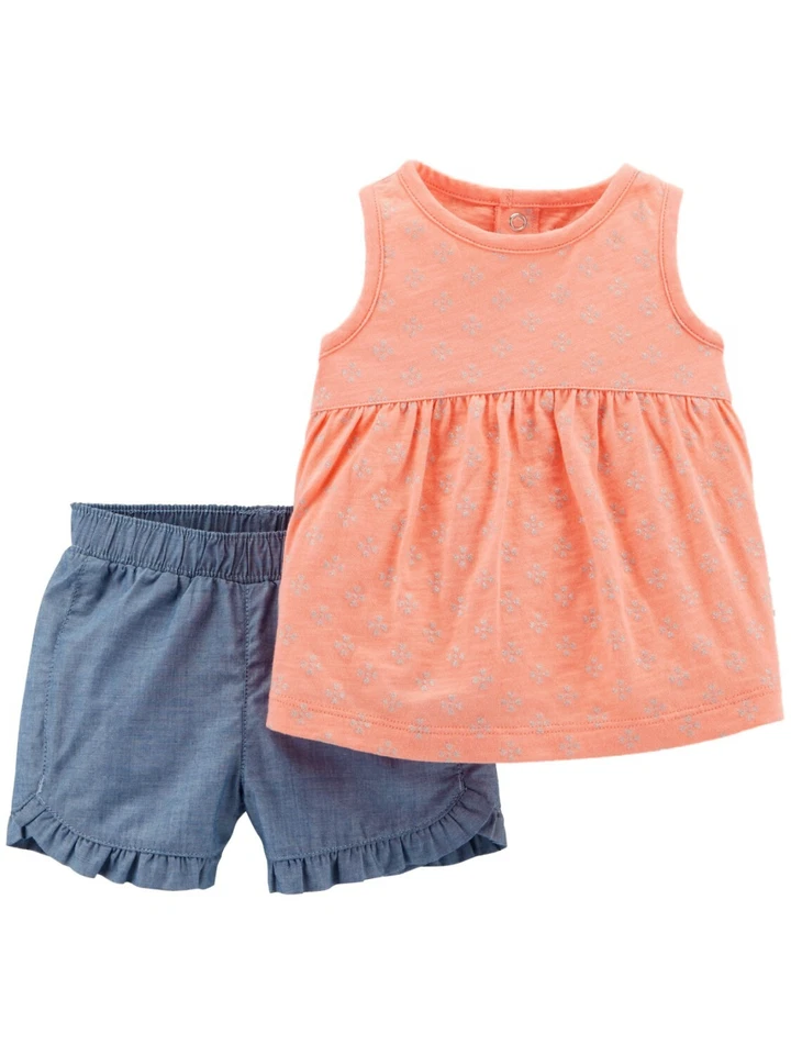 Conjunto Carters Infantil Niñas Bebé Conjunto Melocotón Camiseta sin Mangas y Pantalones Cortos Cambray Azul Foto 1 de 1