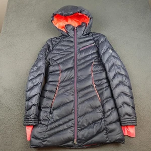 Spyder Jacket Womens Medium Black Hooded Down Puffer Long Parka Thumbholes Zip - Picture 1 of 13